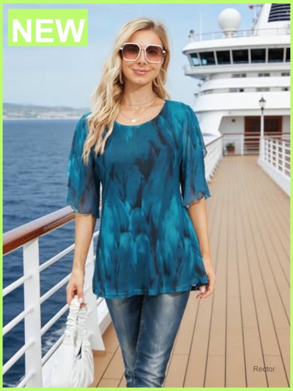 Women's Tunics 3/4 Sleeve Blouses Dressy Casual Double Layer Mesh Tunic Shirts - Picture 3 of 7